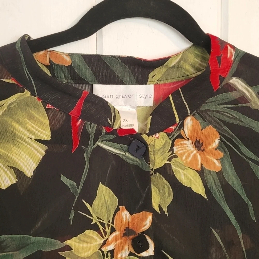 Susan Graver Tropical Print Sheer Button Front Tunic Cover-up